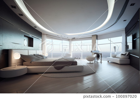 A architectural view to comfortable futiristic bedroom. AI generative image A architectural view to comfortable futiristic bedroom. AI generative image 100897020