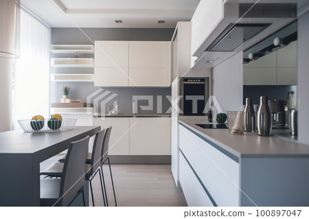 An architectural view of modern luxury and cozy kitchen. AI generative image 100897047