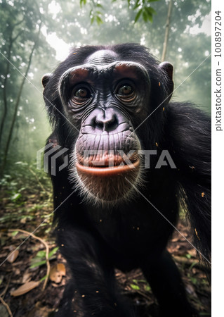 A self portrait of a chimpanzee in nature. AI generative image A self portrait of a chimpanzee in nature. AI generative image 100897204