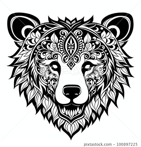 Bear's head, ornate sticker or tatoo design, black on white background. 100897225