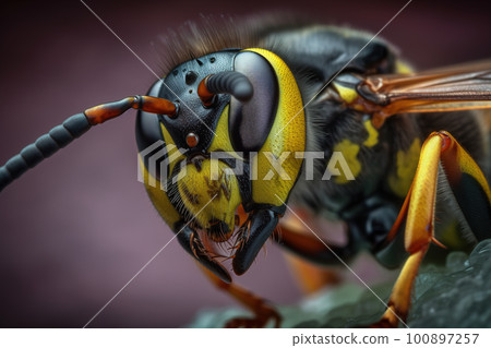 Extreme macro closeup of a wasp in nature, AI generative image Extreme macro closeup of a wasp in nature, AI generative image 100897257