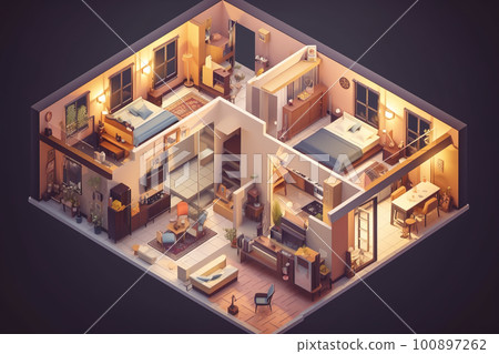 Isometric view of apartment showcase, AI generative illustration 100897262