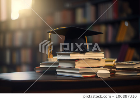 Graduation cap and gown at the top of tall textbooks stack, the symbol of wisdom. AI generative image Graduation cap and gown at the top of tall textbooks stack, the symbol of wisdom. AI generative image 100897310