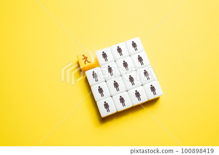 The man leaves the team and runs away. Quit. Dismissal of an incompetent employee. Refuse to participate, low morale. Exit project. Nonconformist. Stop being part of the group. Get out into the open. 100898419
