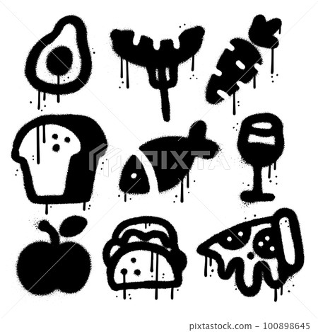 Different food icons set in urban graffiti style. Grill, sausage, vegetables, bread, fish. Sprayed texrured vector illustration in black and white 100898645