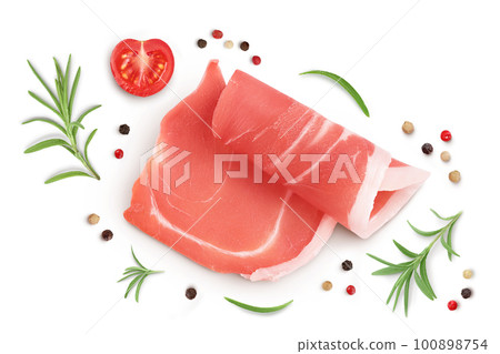 Italian prosciutto crudo or spanish jamon. Raw ham isolated on white background with full depth of field. 100898754