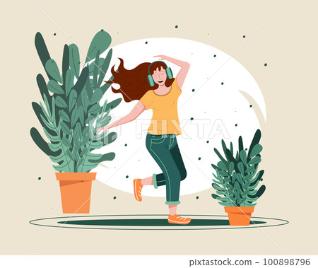 Happy teenage girl listen music in headphones and dancing. Positive female character. Plants in pots on background. Vector flat illustration 100898796