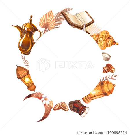 Watercolor round frame islamic object. Hand-drawn illustration isolated on white background. For islamic celebration day ramadan kareem, eid al fitr adha, arab design. Watercolor round frame islamic object. Hand-drawn illustration isolated on white background. For islamic celebration day ramadan kareem, eid al fitr adha, arab design. 100898814