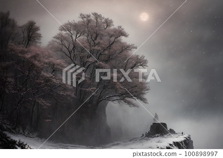 Beautiful frozen northern landscape withfantastic full moon during bliszard, AI generated 100898997