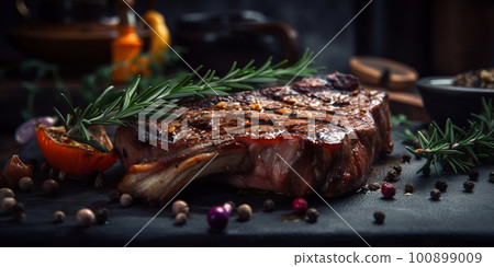 Amazing delicious medium rare roased meat steak at wooden board, AI generative image Amazing delicious medium rare roased meat steak at wooden board, AI generative image 100899009
