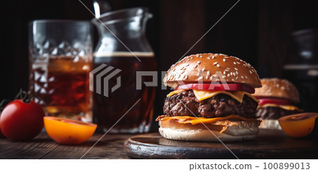 Fresh juicy cheeseburger at wooden board with drink, AI generative image 100899013