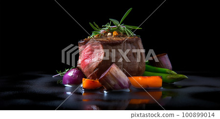 Just cooked fillet mignon steak with vegetable garnish, at dark background, AI generative image 100899014