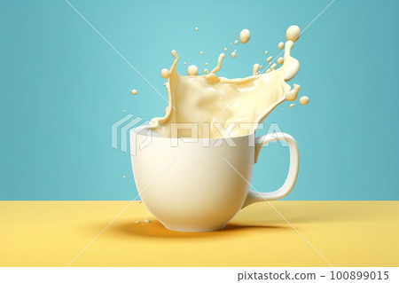A milk splash in a coffee cup isolated on light yellow, AI generative image 100899015