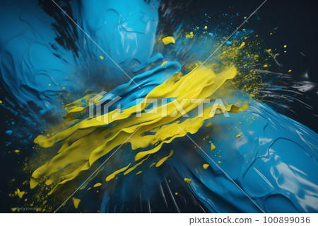 Liquid color paint splashe in colors of Ukrainian flag, AI generative image 100899036