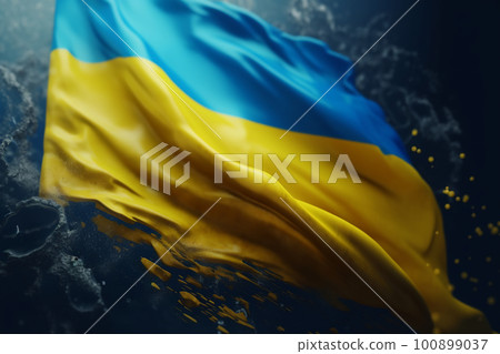 Liquid color paint splashe in colors of Ukrainian flag, AI generative image 100899037