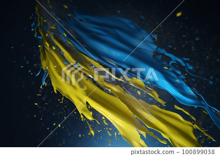 Liquid color paint splashe in colors of Ukrainian flag, AI generative image 100899038