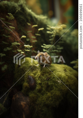 Small cute mouse in a wet green mossy forest, animal in a wild, AI generative image 100899081