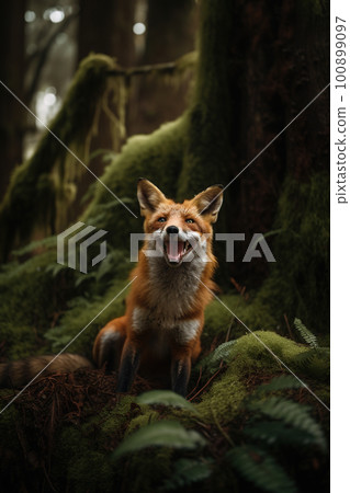 Cute red fox in a wet green mossy forest, animal in a wild, AI generative image Cute red fox in a wet green mossy forest, animal in a wild, AI generative image 100899097
