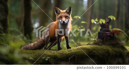 Cute red fox in a wet green mossy forest, animal in a wild, AI generative image Cute red fox in a wet green mossy forest, animal in a wild, AI generative image 100899101