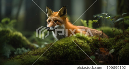 Cute red fox in a wet green mossy forest, animal in a wild, AI generative image 100899102