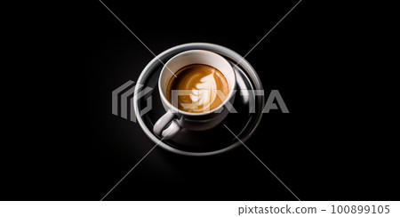 Small black cup of coffee at black saurcer on black background, lot of copy space, AI generative image 100899105