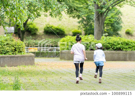 在清新的綠色公園裡奔跑的孩子們的後視 100899115
