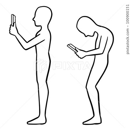 從側面看拿著智能手機的人，正確的姿勢和不良的姿勢，畫線 100900151