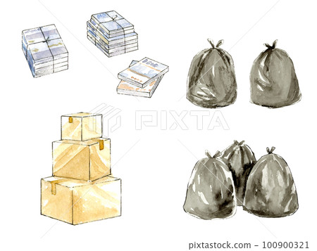 Keep things in order Set of used books, cardboard boxes and garbage bags Watercolor illustration 100900321