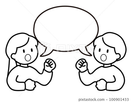 說話和說話泡泡的男人和女人的矢量插圖 100901433