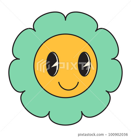 Groovy flower cartoon characters. Funny happy daisy with eyes and smile. Groovy flower cartoon characters. Funny happy daisy with eyes and smile. 100902036