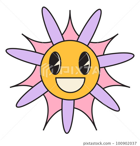 Groovy flower cartoon characters. Funny happy daisy with eyes and smile. Groovy flower cartoon characters. Funny happy daisy with eyes and smile. 100902037