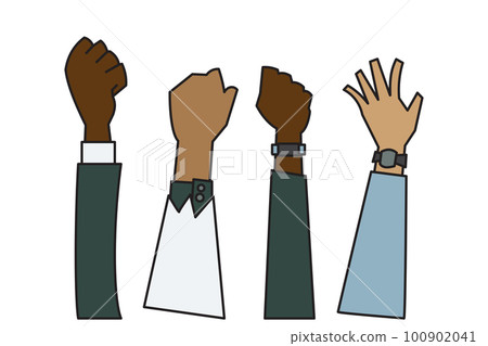 people raising hands that are different Ethnicity, gender, age and skin color 100902041