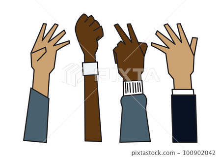 people raising hands that are different Ethnicity, gender, age and skin color 100902042