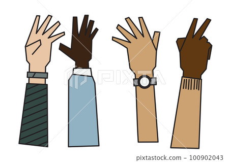 people raising hands that are different Ethnicity, gender, age and skin color 100902043