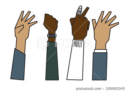 people raising hands that are different Ethnicity, gender, age and skin color 100902045