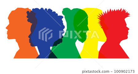 Colored silhouette people, Multiple exposure, Concept on diversity and teamwork 100902173