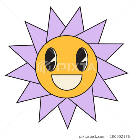 Groovy sun cartoon characters. Funny happy sun with eyes and smile. Groovy sun cartoon characters. Funny happy sun with eyes and smile. 100902176