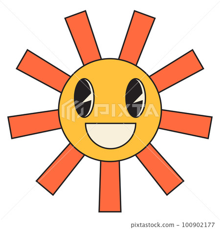 Groovy sun cartoon characters. Funny happy sun with eyes and smile. Groovy sun cartoon characters. Funny happy sun with eyes and smile. 100902177