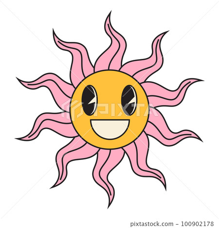 Groovy sun cartoon characters. Funny happy sun with eyes and smile. Groovy sun cartoon characters. Funny happy sun with eyes and smile. 100902178