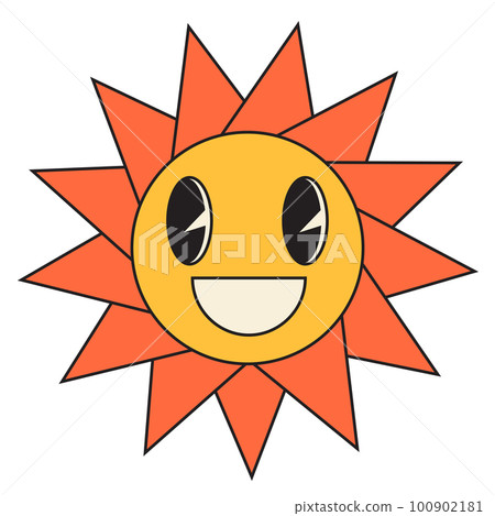 Groovy sun cartoon characters. Funny happy sun with eyes and smile. 100902181