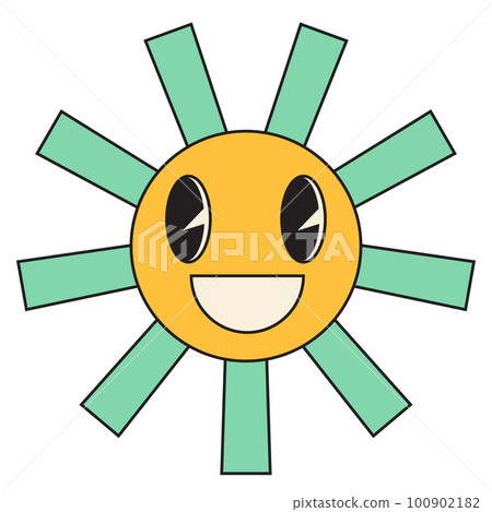 Groovy sun cartoon characters. Funny happy sun with eyes and smile. 100902182