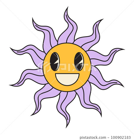 Groovy sun cartoon characters. Funny happy sun with eyes and smile. Groovy sun cartoon characters. Funny happy sun with eyes and smile. 100902183