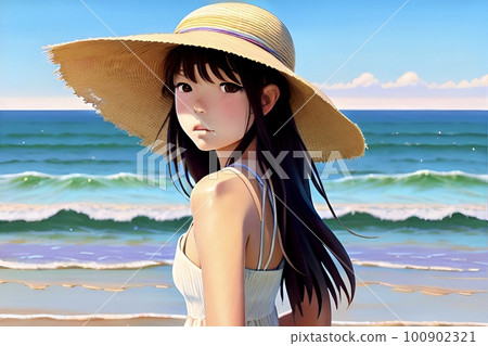 Summer girl AI image illustration Girl wearing a straw hat 100902321