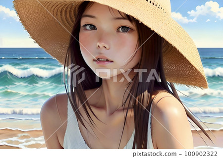 夏天的女孩AI形象插畫戴草帽的女孩 100902322