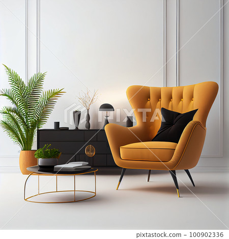 Modern interior design yellow armchair sofa in living room with and mock up poster frame in white wall at home, lifestyle living room design, empty nobody, 3D render by Generative AI 100902336