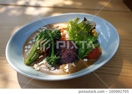 在露台上吃的五顏六色的蔬菜咖哩雞 在露台上吃的五顏六色的蔬菜咖哩雞 100902705