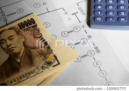 一張 10,000 日元的鈔票和一個放在相關圖表上的計算器，繼承的圖像 100902755