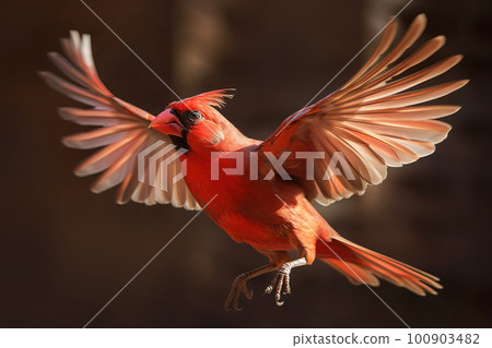 Northern Cardinal Bird in Flight on Dark Background . AI generated Illustration. 100903482