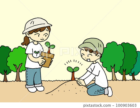 Illustration of men and women planting trees Illustration of men and women planting trees 100903603