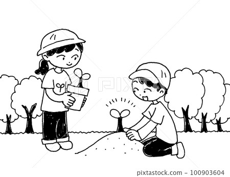 男女植樹的插圖黑白線描 男女植樹的插圖黑白線描 100903604